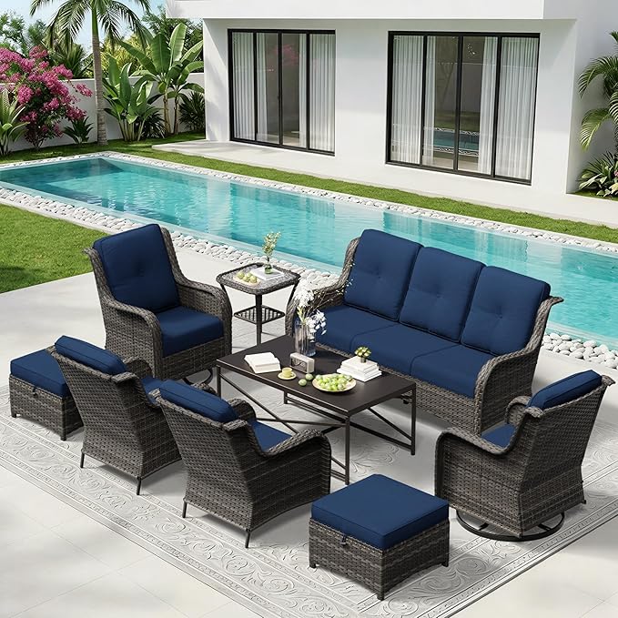 9 Piece Outdoor Wicker Patio Furniture Set, Patio Chairs Set with Thickened Olefin Cushions, High Back and Deep Seating, Hand-Woven PE Rattan, Ottoman for Porch, Deck
