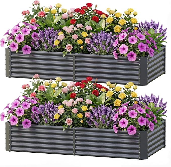 AHEONLAR 2 Pack 8×4×1.5ft Galvanized Raised Garden Beds Outdoor, Rectangle Sturdy and Durable Planter Boxes for Vegetables, Fruits, Flowers and Plants, Easy Assembly, Grey