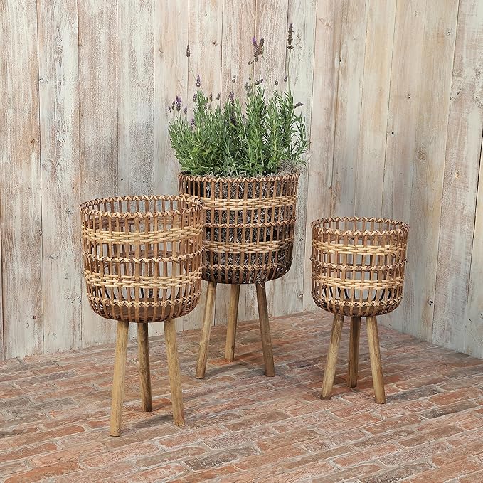Sagebrook Home Set of 3 Wooden Planter Stands Bamboo Decorative Flower Pots for Indoor Outdoor Use, Rustic Woven Plant Holders with Legs for Home & Garden Decor, 19", 22"& 26" H