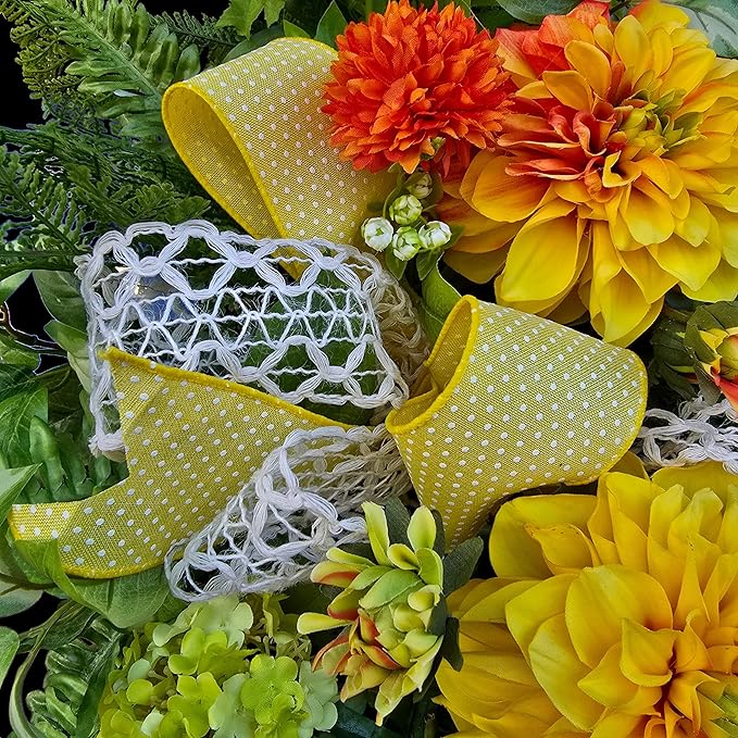 Orange Yellow Dahlia Faux Floral Swag for Front Door Spring Wreath Porch Decor - Spring Front Door Swag Teardrop Butterfly Floral Arrangement -