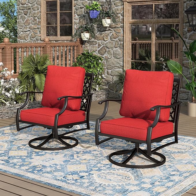 Swivel Patio Chairs Set of 2, High Back Outdoor Swivel Patio Metal Chairs with 5.75" Thick Cushions for Bistro Balcony Porch Deck and Yard, Red