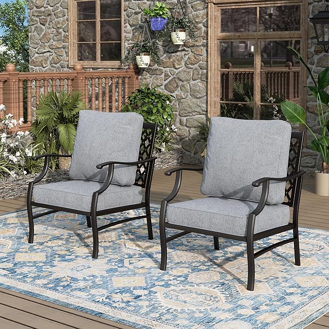 Patio Chairs Set of 2, High Back Outdoor Patio Metal Leg Chairs with 5.75" Thick Cushions for Bistro Balcony Porch Deck and Yard, Grey