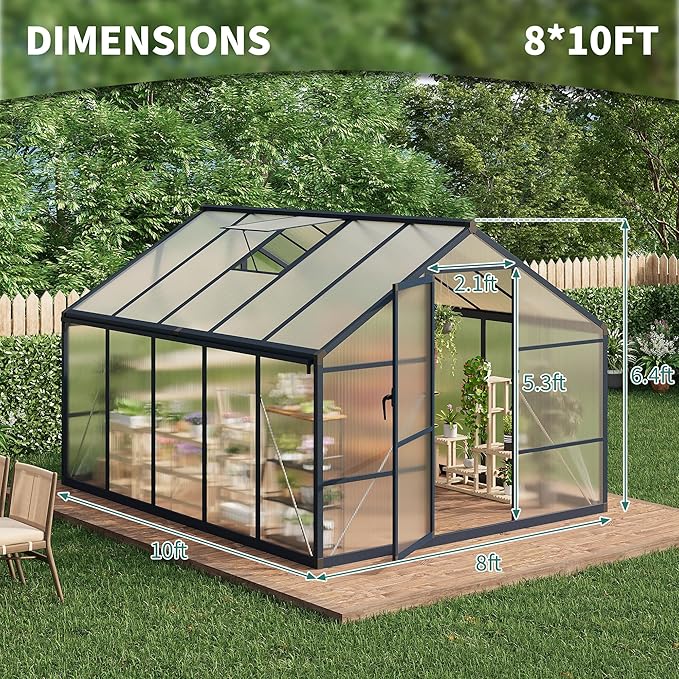 8x10ft Greenhouse Aluminum Greenhouse for Outdoors with Roof Vent, Lockable Outward-Opening Swing Door, Heavy-Duty Polycarbonate Walk-in Green House for Garden, Backyard, Patio, Lawn, Dark Grey