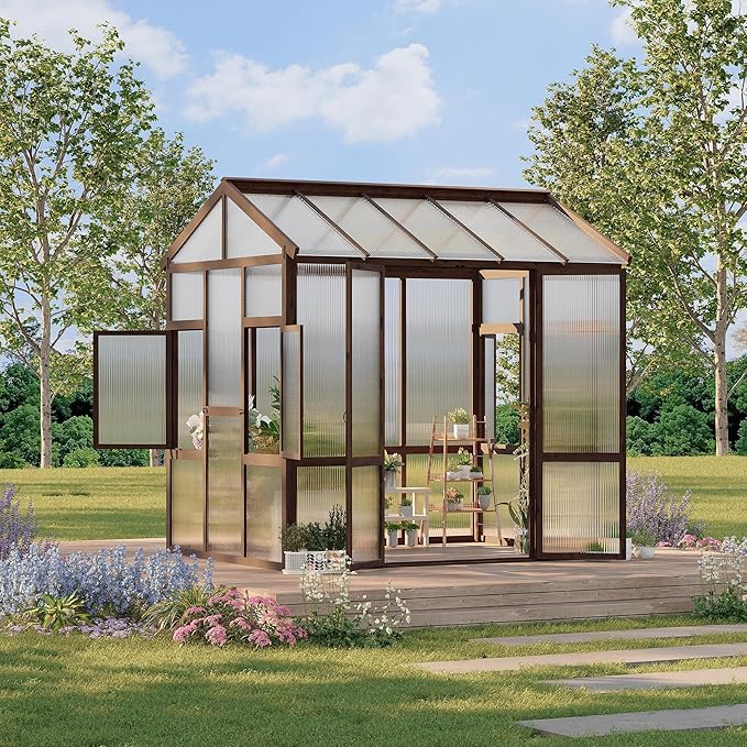 6x8 FT Heavy Duty Walk-in Wooden Greenhouse - Outdoor Green House Kit with 6mm Polycarbonate, Ventilated Window & Lockable Door for Backyard, Patio, Lawn