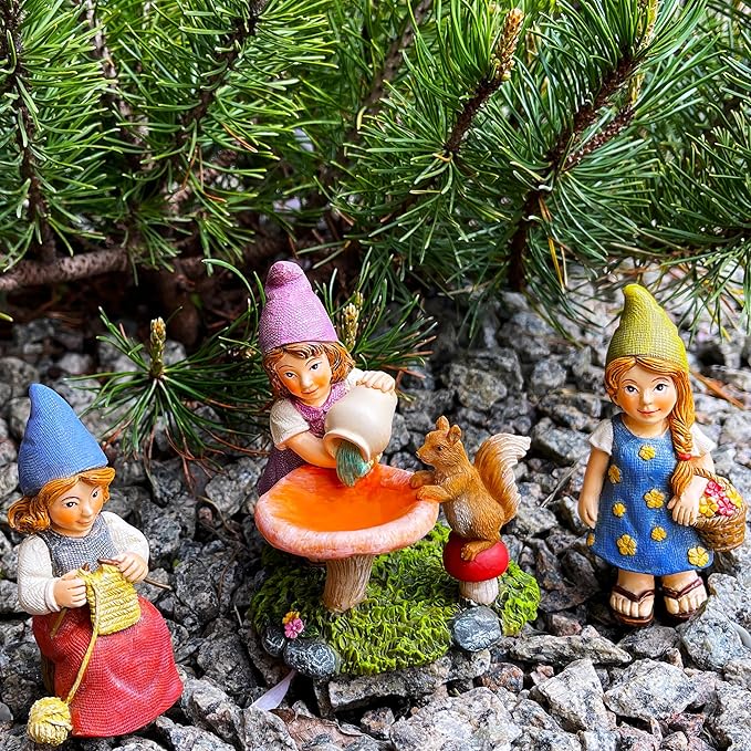 Mood Lab Miniature Garden Gnomes - Lady Gnomes Kit of 3 pcs - Figurines & Accessories Set - Outdoor or House Decor