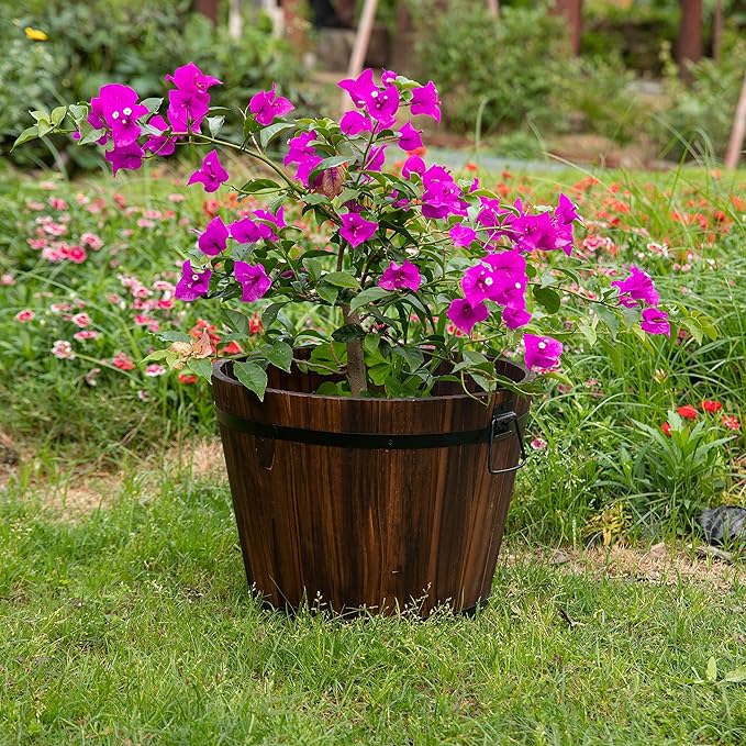 Rustic Wooden Whiskey Barrel Planter with Durable Medal Handles and Drainage Hole - Perfect for Indoor and Outdoor Plants, Herbs, and Vegetables - Medium