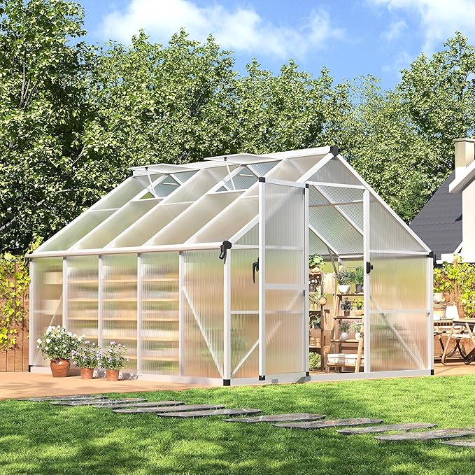 IDEALHOUSE 8X10 FT Greenhouse for Outdoors, Lockable Door and Ajustable Roof Vent, Polycarbonate Greenhouse with Water Gutter System, Aluminum Walk-in Greenhouses, for Backyard, Lawn