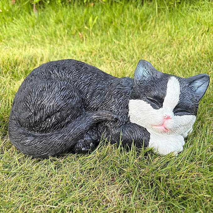 Garden Outdoor Decor Cats Statue, Sleeping Cat Figurines Garden Statues & Sculpture Decor for Patio, Porch and Lawn, Cat Memorial Stone Gifts for Lover and Womens Black