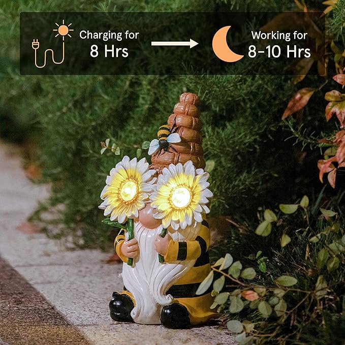 LA Jolie Muse 11.7'' Solar Gnomes Garden Statues-Resin Bee Gnomes Figurine Sunflower Decor with Solar LED Lights for Outdoor Gnomes Decorations for Yard Patio Lawn Porch, Garden Gifts for Mom