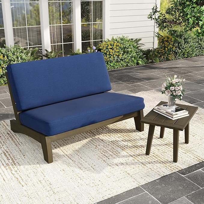 Patio Loveseat, Outdoor Wooden Bistro Set, All Weather Conversation Solid Wood Loveseat with Soft Cushions for Porch Balcony Deck Backyard