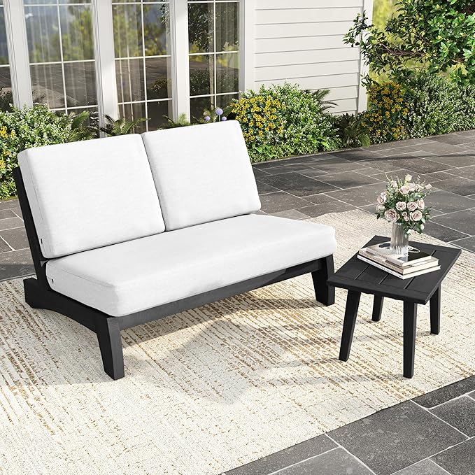 Patio Loveseat, Outdoor Wooden Bistro Set, All Weather Conversation Solid Wood Loveseat with Soft Cushions for Porch Balcony Deck Backyard