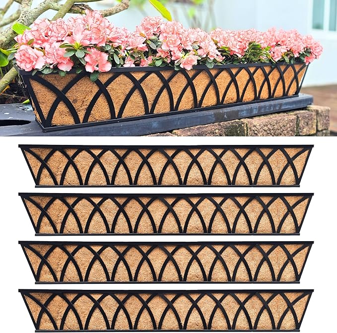 LaLaGreen Wall Planters (4 Pack, 48") Rectangular Black Metal Hanging Window Planter Box with Coco Liner, Flower Basket Plant Holder Attach House Outdoor Deck Railing Garden Patio Porch Balcony Fence