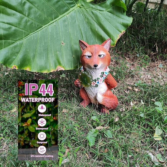 Solar Fox Garden Statue Nick Inspired 12 Inch, Resin Red Fox Figurine Led Outdoor Decor w/ Four-leaf Clover Light, Collectible Garden Guardian Yard Patio Ornaments for Spring St.Pactrick's Mom Gifts