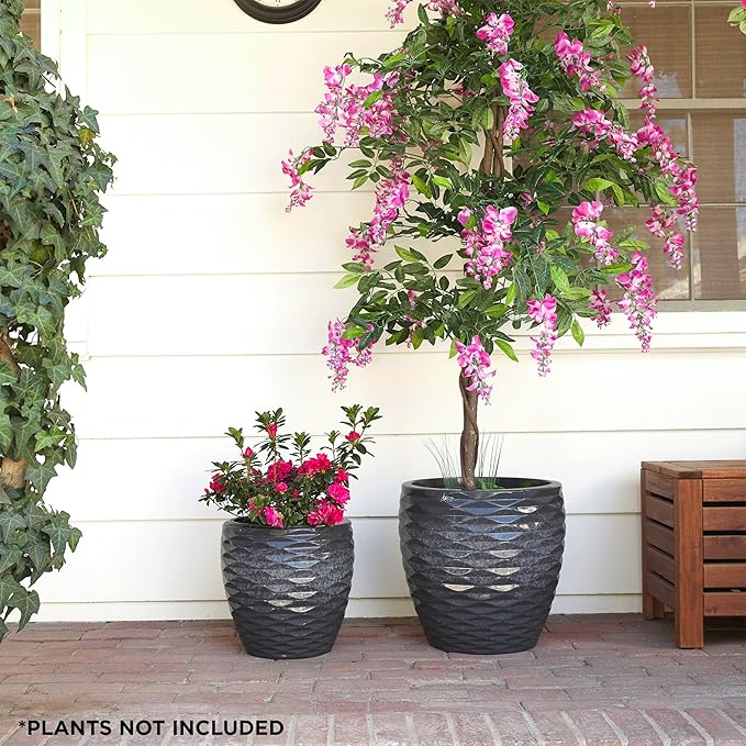Alpine Corporation Indoor/Outdoor Embossed Wave Planters with Drainage Holes, Speckled Gray (Set of 2)