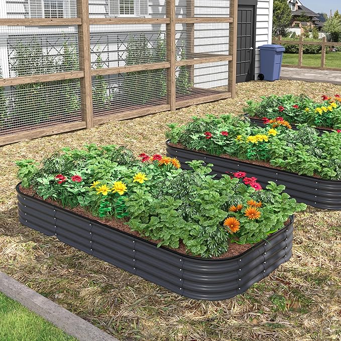 BlueWish 8x4x1FT Galvanized Raised Garden Bed with Aluminum Support Rods, Many-in-1 Modular Planter Box with Rubber Edges, 11.2’’H Raised Garden Bed for Vegetable, Flower, Fruit, Grey