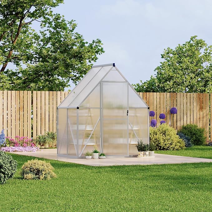 Polycarbonate Greenhouse for Outdoors, Large Walk-InGreenhouse with Quick Setup Structure and Roof Vent, Greenhouse with Ventilation