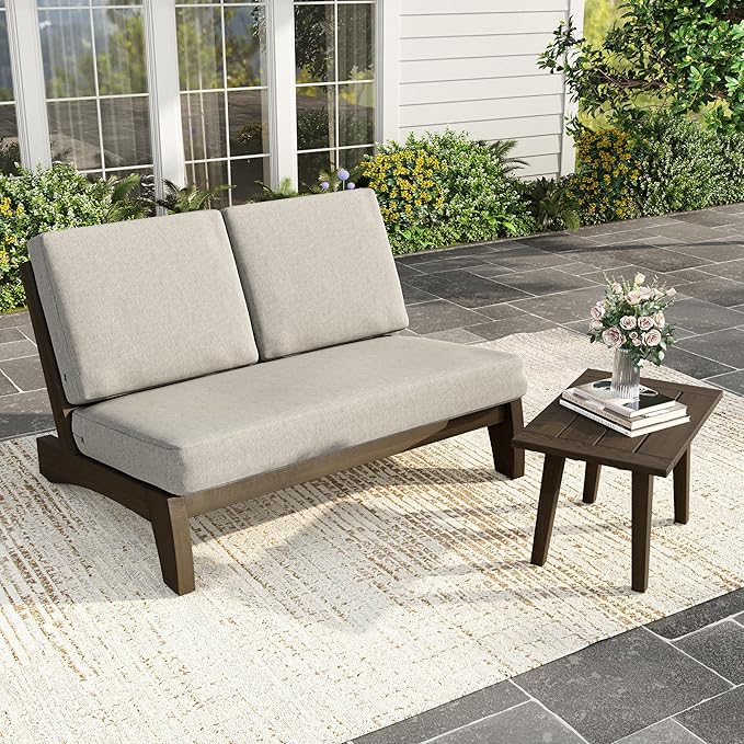 Patio Loveseat, Outdoor Wooden Bistro Set, All Weather Conversation Solid Wood Loveseat with Soft Cushions for Porch Balcony Deck Backyard