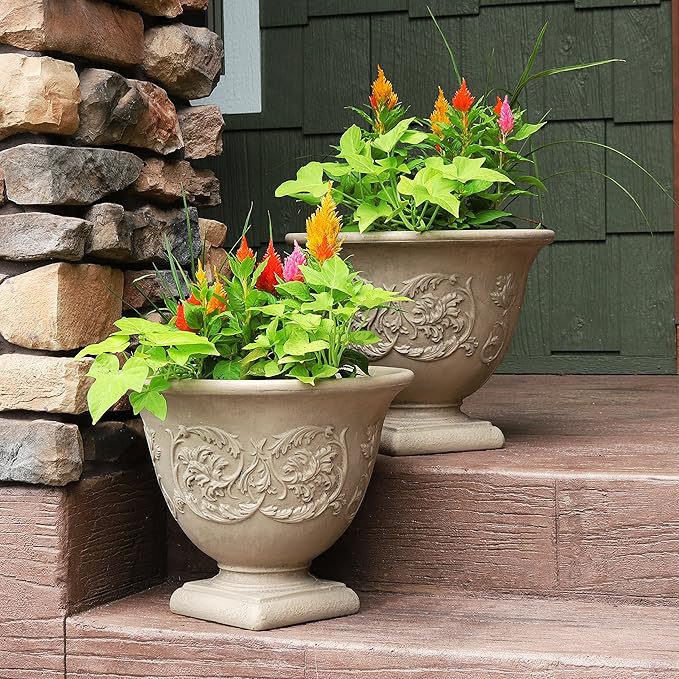 Sunnydaze 16-Inch Darcy Round Plant Pot - Polyresin Large Outdoor Urn Planter with Drillable Drainage Hole - 2 Pack - Beige