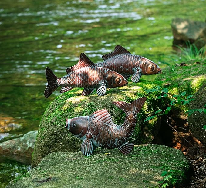 Metal Koi Fish Statues Garden Decor Antique Copper Koi Outdoor Sculptures & Statues for Patio,Backyard,Pond,Home Decoration,Metal Fish Stakes for Outside,Gardening Gift for Mom Grandma,Set of 3