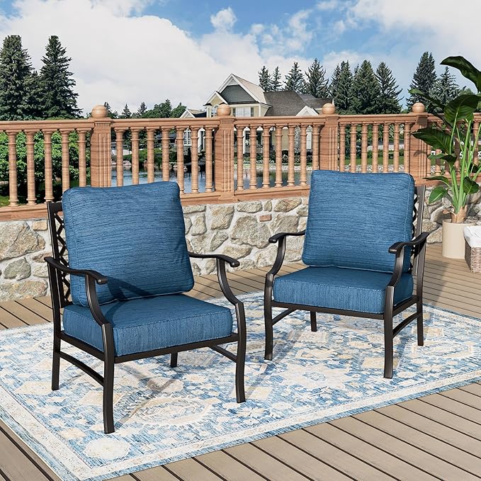 Patio Chairs Set of 2, High Back Outdoor Patio Metal Leg Chairs with 5.75" Thick Cushions for Bistro Balcony Porch Deck and Yard, Peacock Blue