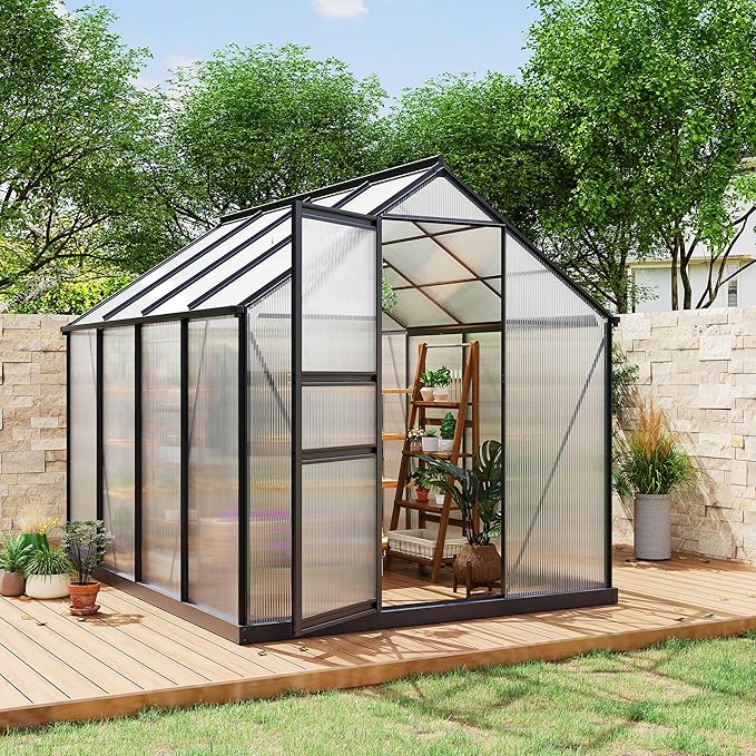 6*8 FT Outdoor Walk-in Greenhouse, Polycarbonate Green House, Heavy Duty Greenhouse with Vented Roof Window, Windproof Aluminum Frame, Suitable for Outside Gardening, Backyard, Patio
