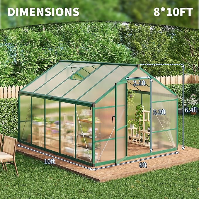 8x10 ft Greenhouse for Outdoors, Polycarbonate Greenhouse with Roof Vent, Ground Nails, Lockable Push Door, Aluminum Large Walk-in Green House for Outside Garden Backyard, Patio, Lawn, Green