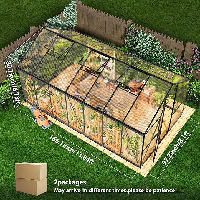 Wanan 14x8FT Greenhouses for Outdoors, Quick Assembly Polycarbonate Green House with UV Protection, Windproof Aluminum Frame Heavy Duty, Adjustable Roof Vent for Backyard or Outdoor Garden Use