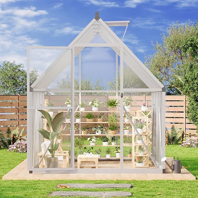 6x7 Ft Sturdy Greenhouse with Roof Vent, Polycarbonate Greenhouse with Lockable Door, Aluminum Large Walk-in Green House for Outside Garden Backyard, Patio, Lawn, and Garden