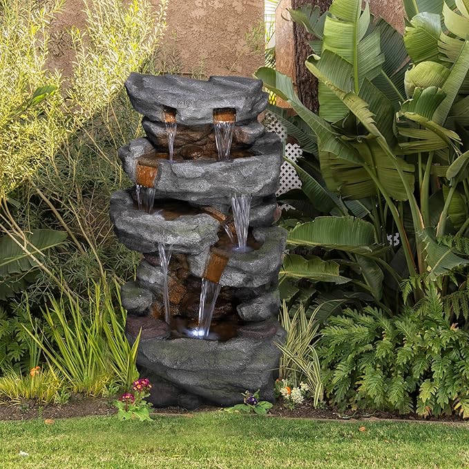 Alpine Corporation TZL284 39" Outdoor 4-Tier Cascading Stone Water Fountain with LED Lights – Natural Stone Look Water Feature for Patio, Garden, and Backyard Décor, Gray