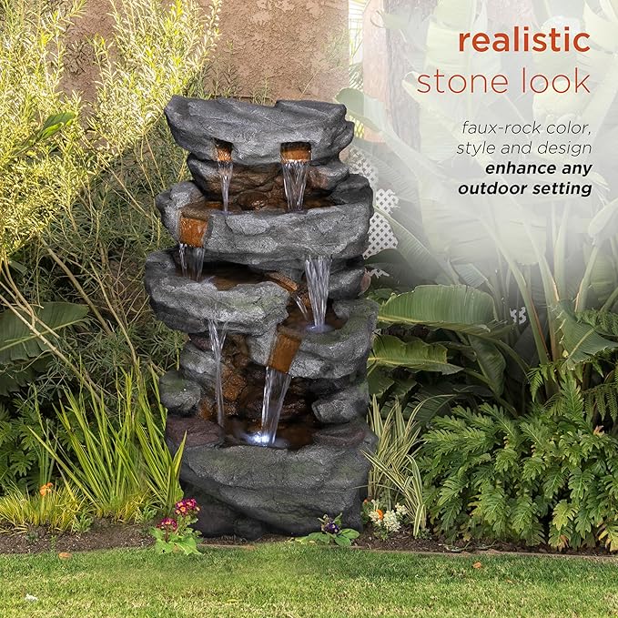Alpine Corporation TZL284 39" Outdoor 4-Tier Cascading Stone Water Fountain with LED Lights – Natural Stone Look Water Feature for Patio, Garden, and Backyard Décor, Gray