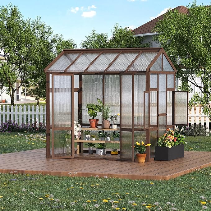 6x8 FT Heavy Duty Walk-in Wooden Greenhouse - Outdoor Green House Kit with 6mm Polycarbonate, Ventilated Window & Lockable Door for Backyard, Patio, Lawn