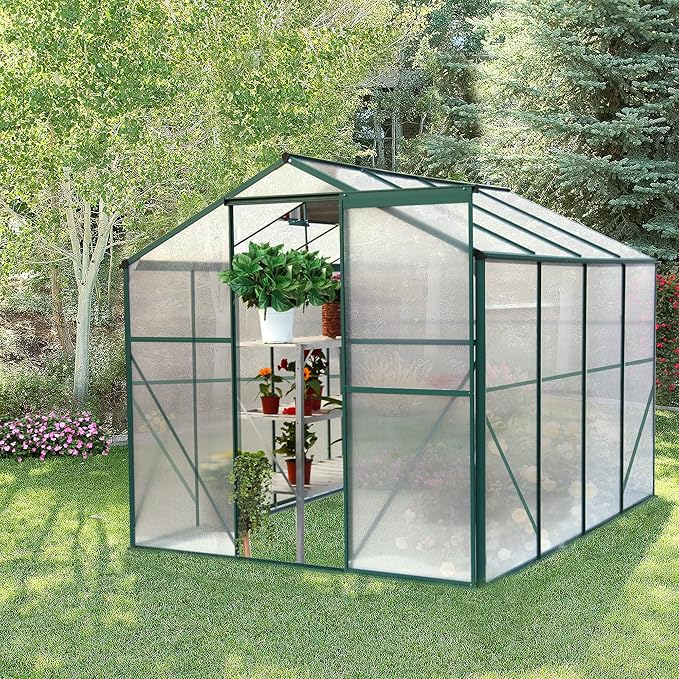 Favfurish 8x6 FT Greenhouses for Outdoors, Outside Heavy Duty Walk in Green House for Garden Plants, UV Protection Adjustable Roof Vent, Thermostatic Waterproof and Insect Resistant, Green