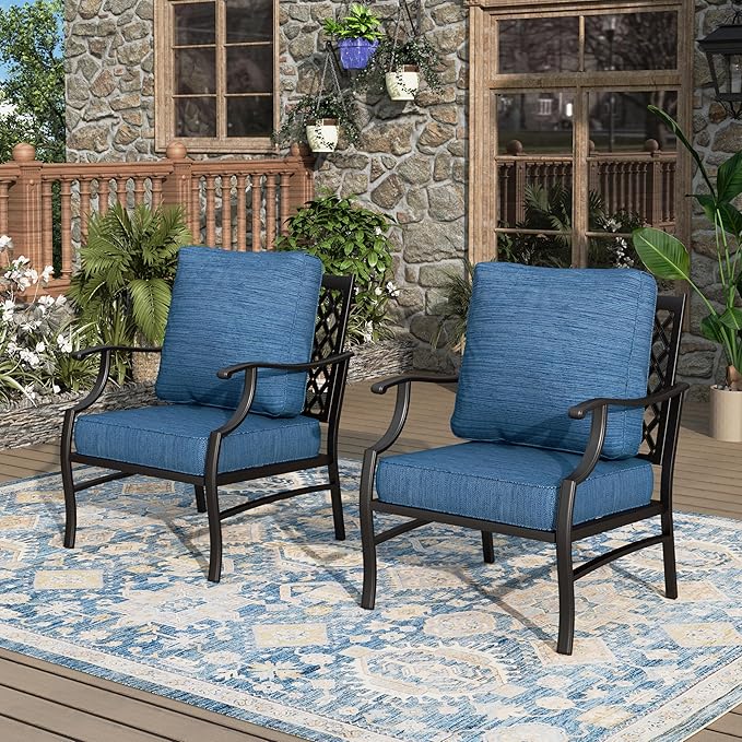 Patio Chairs Set of 2, High Back Outdoor Patio Metal Leg Chairs with 5.75" Thick Cushions for Bistro Balcony Porch Deck and Yard, Peacock Blue