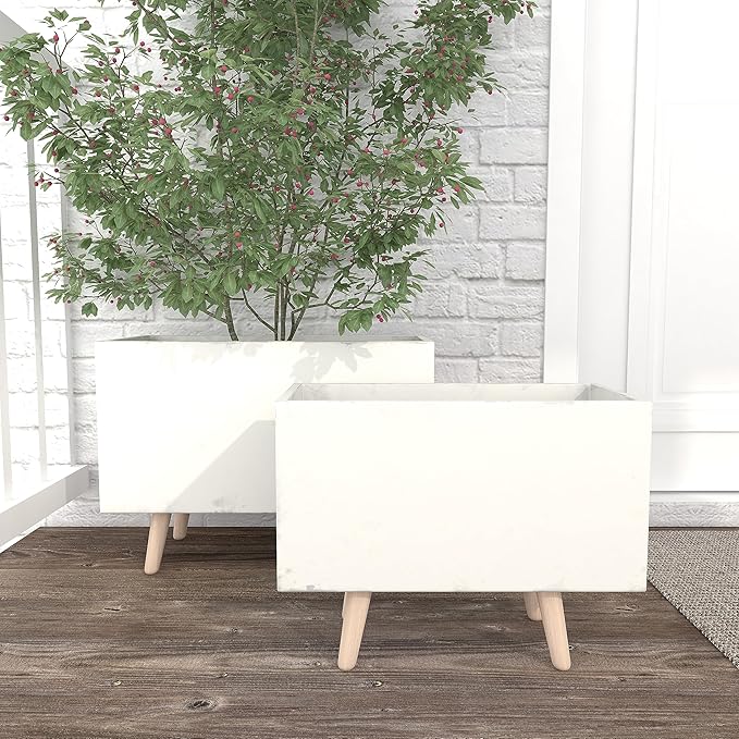 Deco 79 Fiberclay Ceramic Indoor Outdoor Planter Rectangular Large Planter Pot with Brown Wooden Legs, Set of 2 Planters 21", 17"W, White