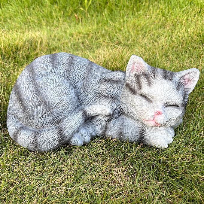 Garden Outdoor Decor Cats Statue, Sleeping Cat Figurines Garden Statues & Sculpture Decor for Patio, Porch and Lawn, Cat Memorial Stone Gifts for Lover and Womens Grey