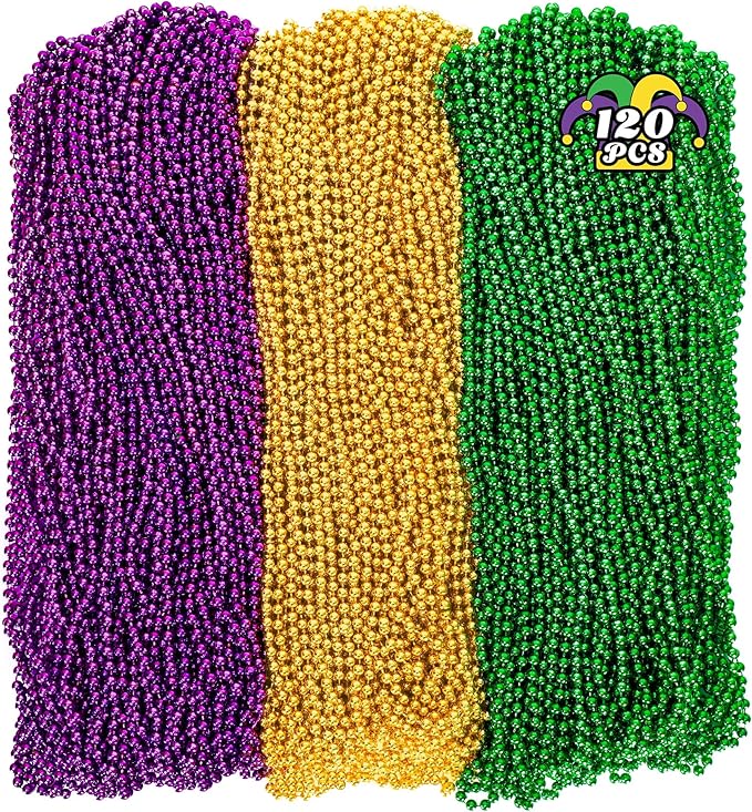120PCS Mardi Gras Beads, 33" Beaded Necklace, Purple Gold Green Mardi Gras Accessories, Party Costume Necklaces Parade Throws Women Men Beads Bulk for Party Event Favors Supplies Decorations