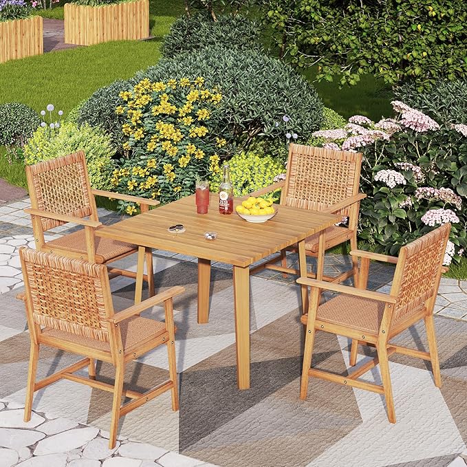 PHI VILLA Outdoor Acacia Wood Dining Chairs Set of 4, Armchairs with Strong Wicker Back & Seat, Farmhouse Style Teak Patio Deck Yard Balcony Garden Furniture