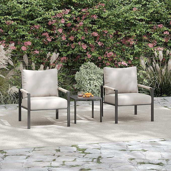 3 Pieces Rattan Outdoor Furniture Set, All-Weather Patio Conversation Set with Warm Grey Cushions and Coffee Table for Garden, Backyard, Balcony, Poolside