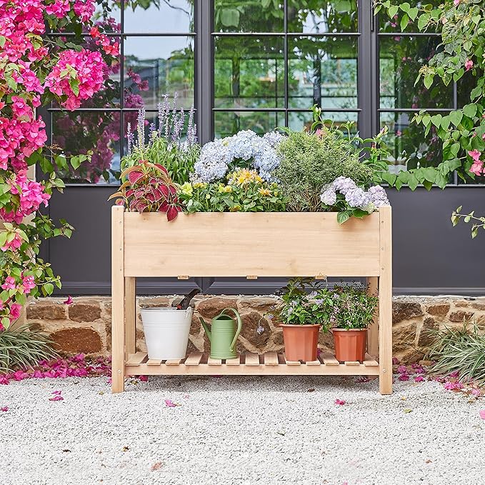 Topeakmart Raised Garden Bed Elevated 2 Tiers Wood Planting Bed Above Ground Planter Box for Vegetables Flowers Herbs Outdoor, 47x23x32in