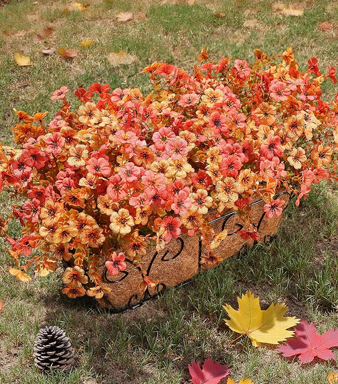 florisso Artificial Fall Flowers Fake Mums for Outdoor Autumn Decoration, 12 Bundles Faux Silk Orange Yellow Mums Daisy Look Real UV Resistant for Outside Home Porch Patio Planter