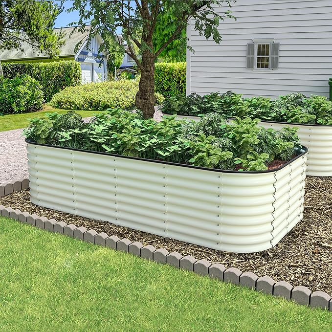 MUPATER 24''H Raised Garden Bed, Galvanized Raised Garden Bed with 3 Aluminum Support Rods, 8x4FT Modular Raised Planter Box Outdoor for Vegetables, Mutli in 1 Metal Garden Bed, Beige