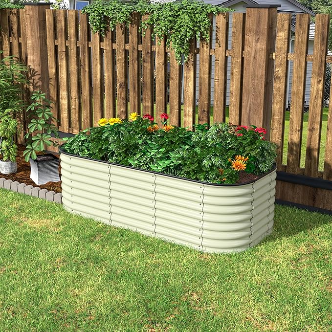 BlueWish 6x3x2FT Metal Raised Garden Bed with 2 Aluminum Support Rods, 24’’H Raised Garden Bed with Rubber Edges & Bottomless Design, 9-in-1 Modular Planter Box for Vegetable, Flower, Fruit, Beige