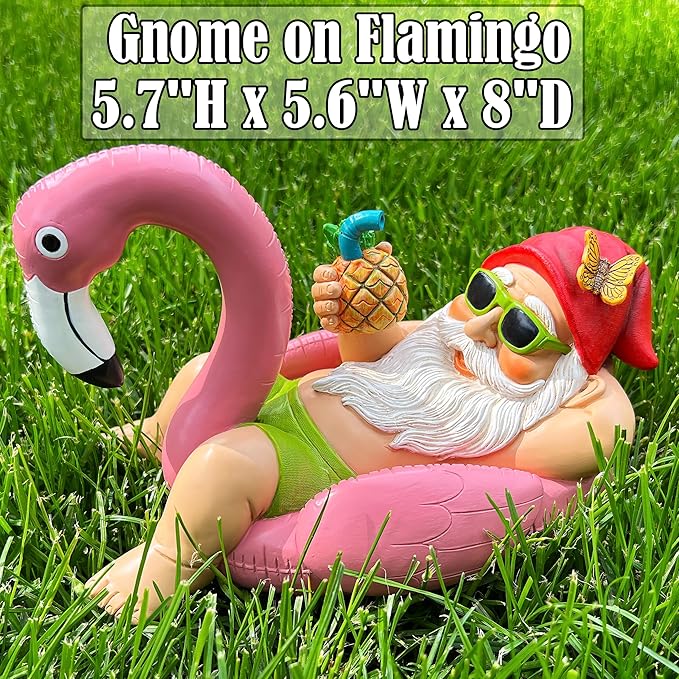 Mood Lab Garden Gnome on Flamingo - Funny Gnome Figurine - 8 Inch Depth Lawn Statue - for Outdoor or House Decor