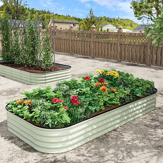 BlueWish 8x4x1FT Metal Raised Garden Bed with Aluminum Support Rods, 11.2’’H Planter Box with Rubber Edges, Many-in-1 Modular Galvanized Raised Garden Bed for Vegetable, Flower, Fruit, Beige