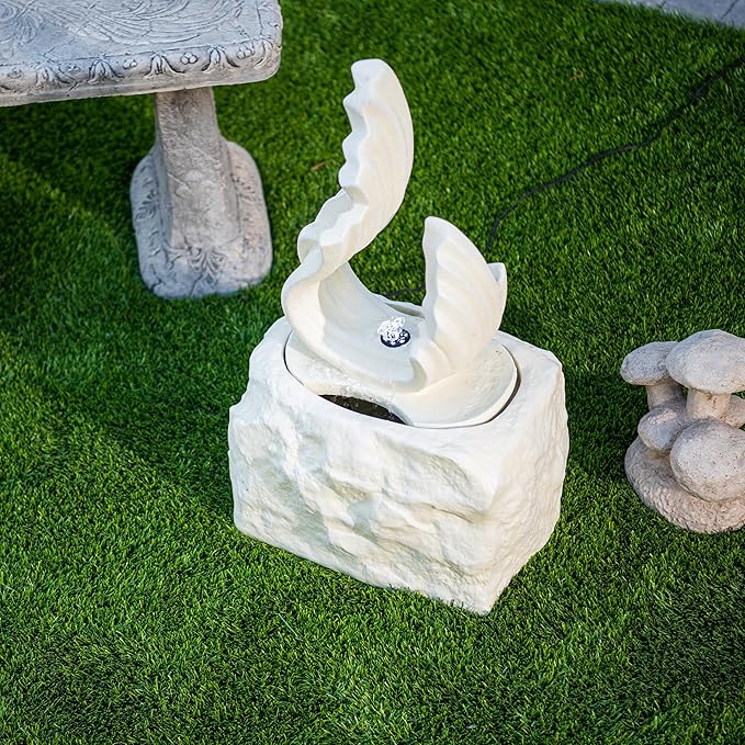 XBrand 25" H Outdoor Garden Water Fountain, Stone-Look Modern Sculptural Freestanding Fiber Resin Fountain with LED Lights for Patio, Backyard, Porch & Lawn, White