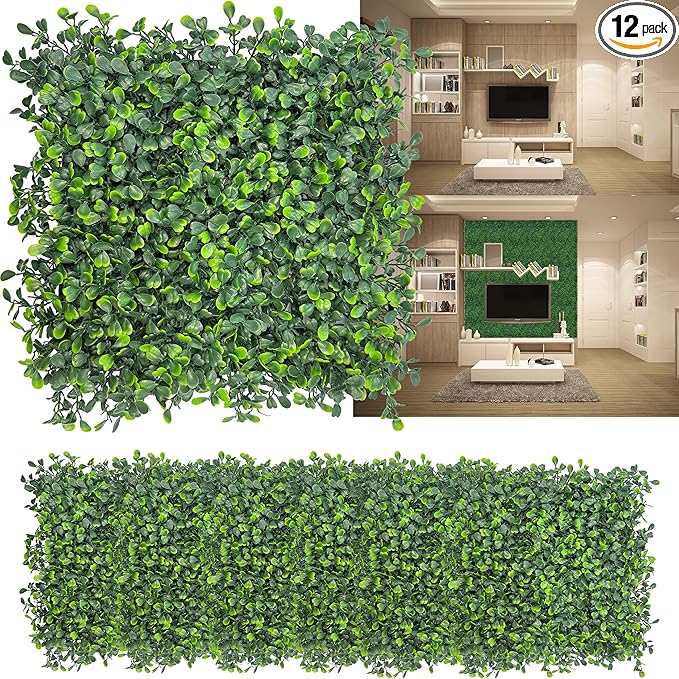DOPGIB Artificial Grass Wall Panels: 10"x 10"(12P) UV-Anti Boxwood Faux Green Leaf Backdrop Panels for Interior Wall, Greenery Wall,Garden and Indoor Outdoor Plant Decor
