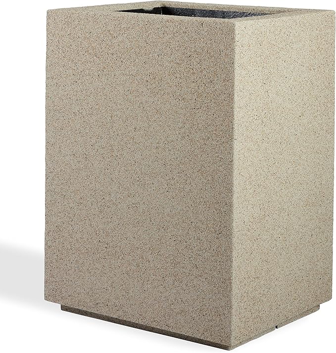 PolyStone Cozumel Tall Modern Outdoor/Indoor Column Planter, 23" L x 18" W x 30" H, Lightweight, Heavy Duty, Weather Resistant, Polymer Finish, Commercial Grade and Residentia (Sandstone Granite)