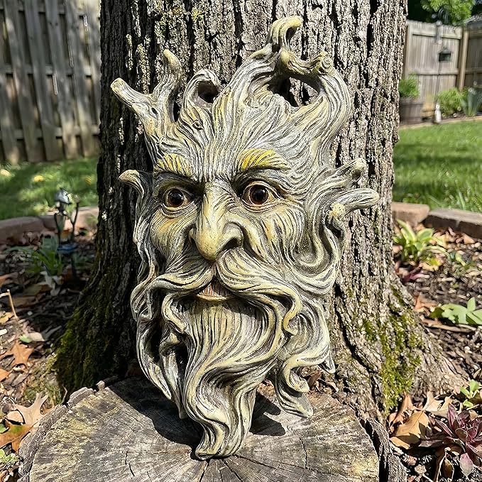 10.1" Whimsical Tree Face Sculpture, Garden Peeker Statue, Outdoor Trunk Tree Huggers Art, Landscape Accent Ornament, Hanging Fairy Elve Figurine for Yard Art, Trees Decor Wall Mounted Statues