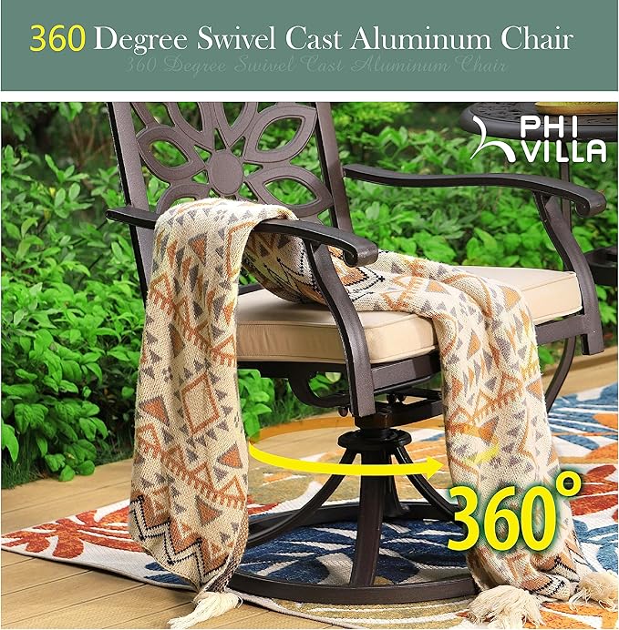 PHI VILLA Cast Aluminum Outdoor Patio Swivel Dining Chairs, Extra Wide Armrest Chairs with Seat Cushion, Casting Aluminum Back for All Weather, Set of 2
