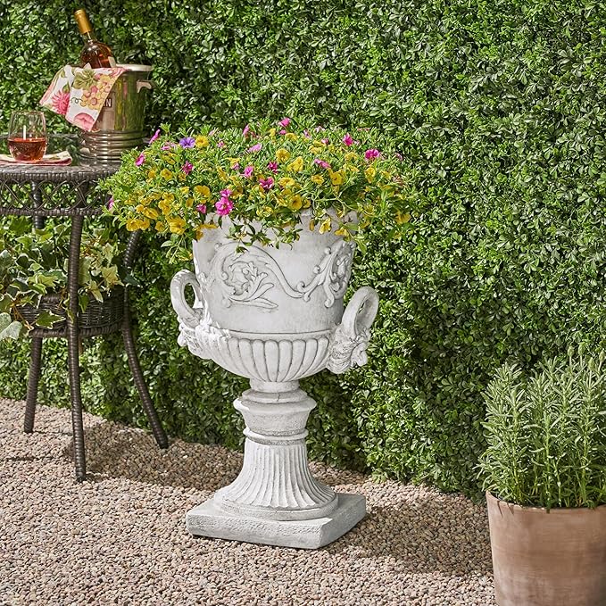 Merax 28-inch MGO Roman Garden Urn Planter, Lightweight Concrete Indoor Outdoor Flower Pot with Drainage Hole & Stopper, Stone-Look Planter for Plants, Flowers, Succulents, and Herbs, Antique White